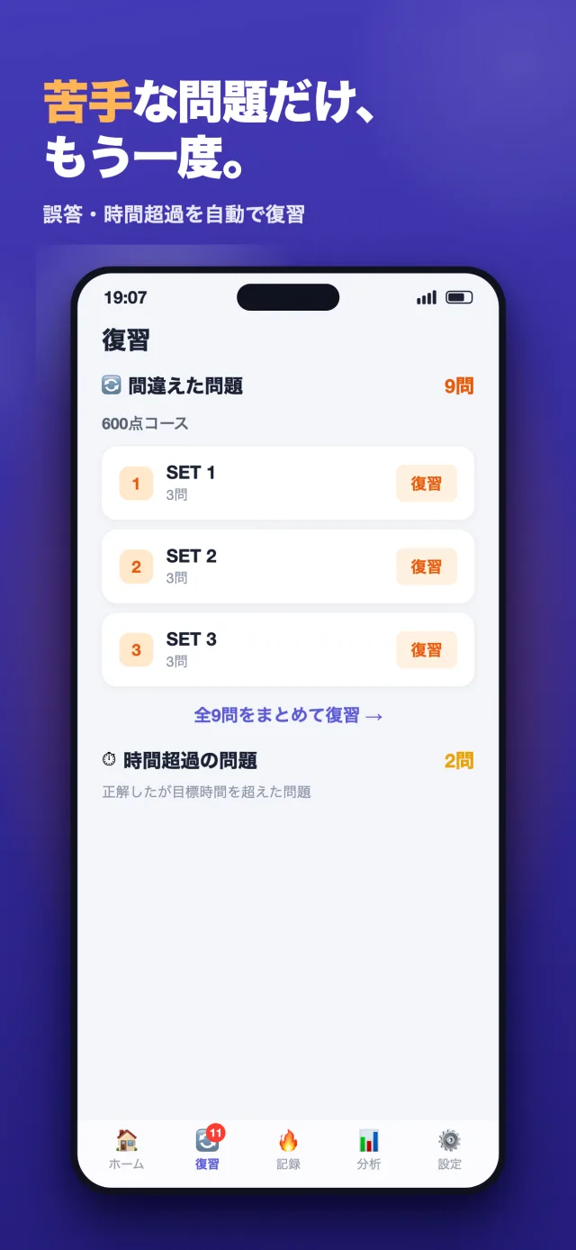 「TOEIC Part5 文法ドリル」のスクリーンショット5/8。「苦手な問題だけ、もう一度。」誤答・時間超過の復習リスト画面。