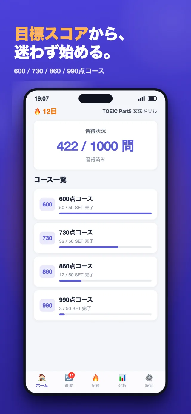 「TOEIC Part5 文法ドリル」のスクリーンショット6/8。「目標スコアから、迷わず始める。」600〜990点の4コース一覧画面。