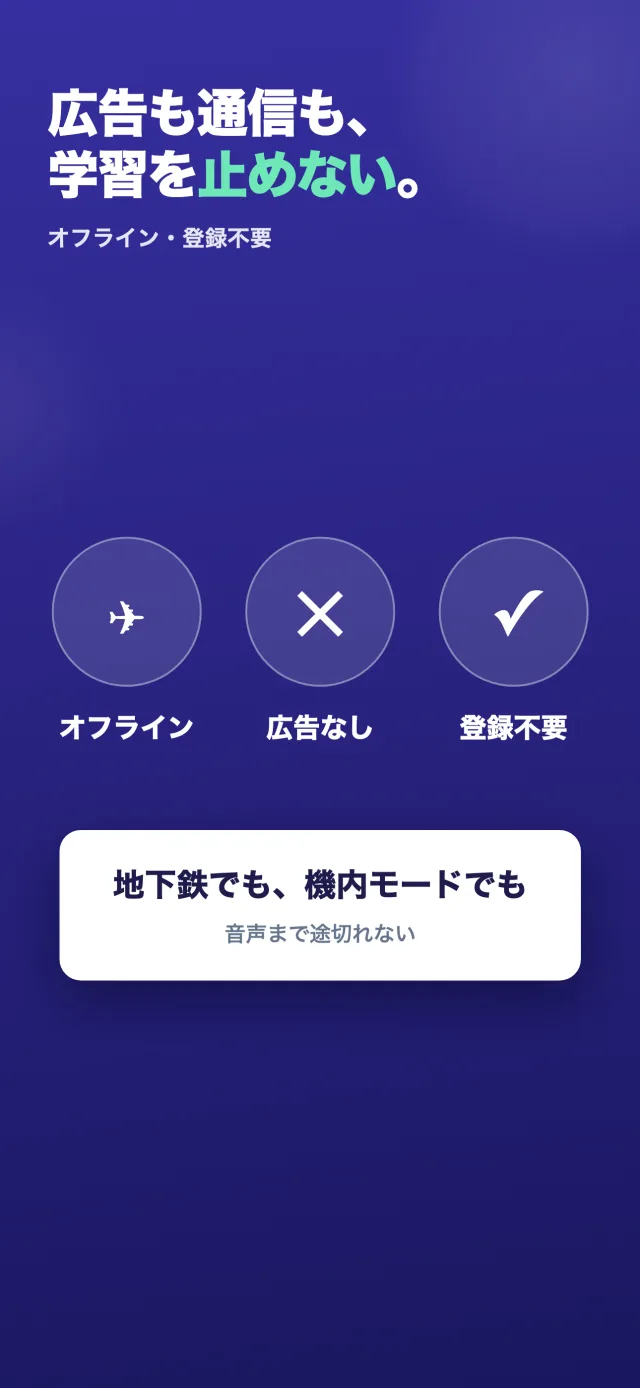 「Remember（TOEIC英単語）」のスクリーンショット7/8。「広告も通信も、学習を止めない。」オフライン・登録不要のまとめ画面。